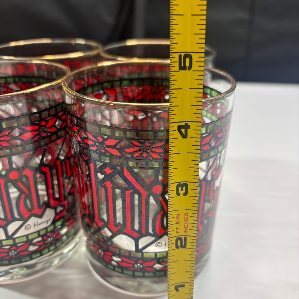 4 Vintage Houze Stained Glass Christmas Happy Holidays 4" Tumblers Glasses - Picture 9 of 10
